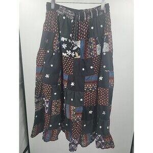 Neelam Patchwork Tiered Boho Midi Skirt OS Dark Cottage Bohemian Gypsy